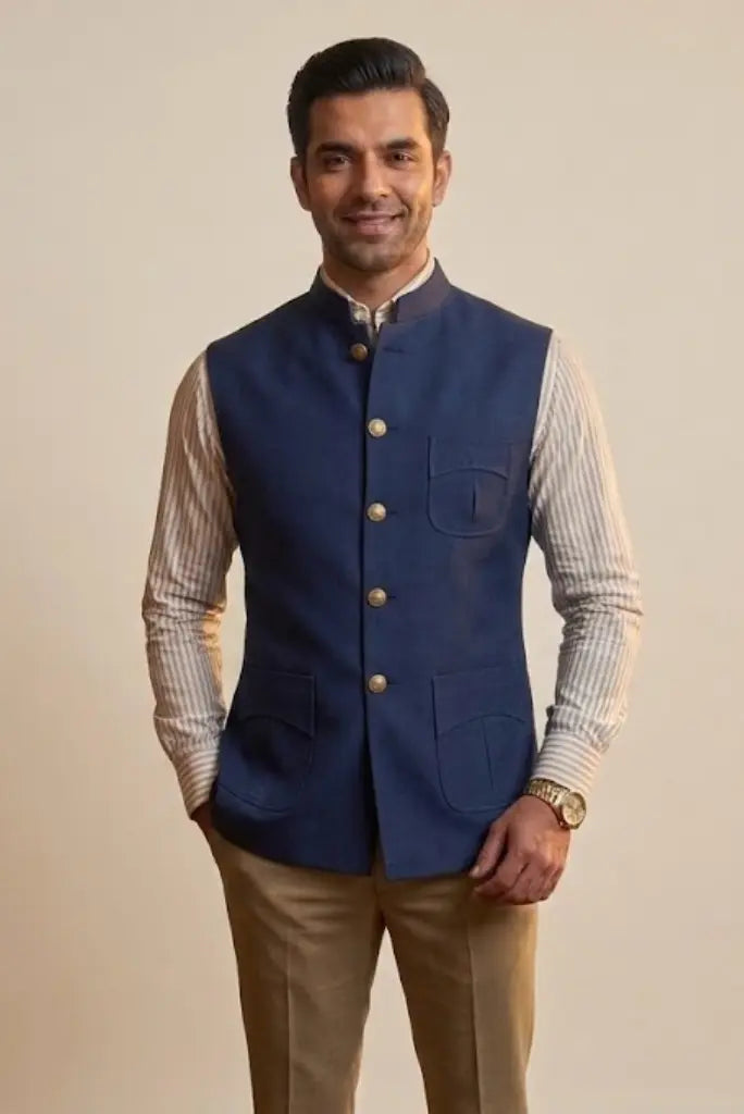 Men Navy Blue Nehru Jacket with Contrast Collar - Front