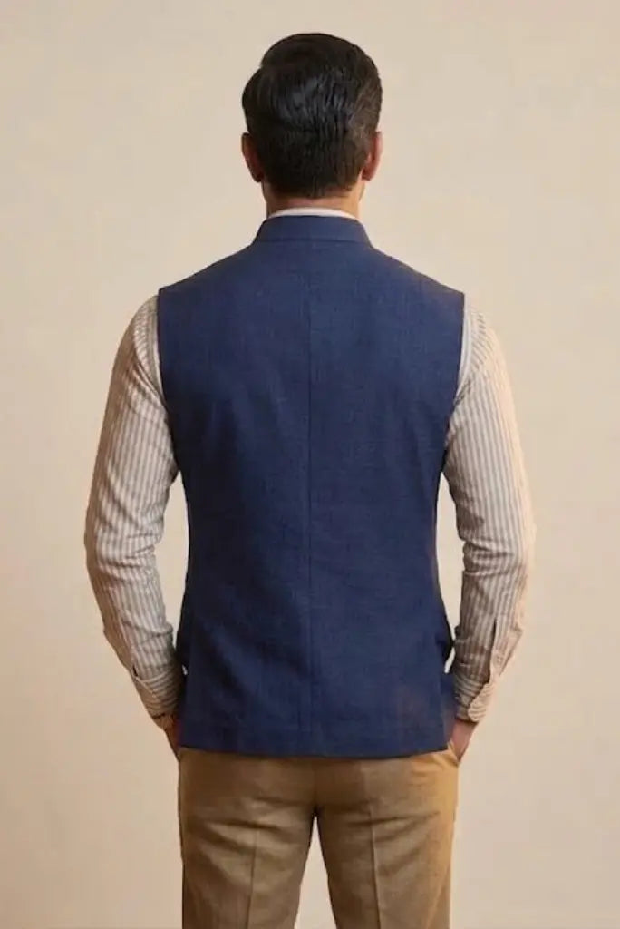 Navy Blue Nehru Jacket Contrast Collar - Detail