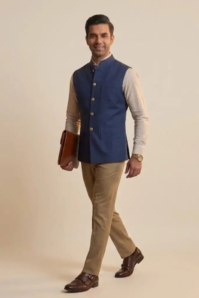 Navy Blue Nehru Jacket for Men - Side
