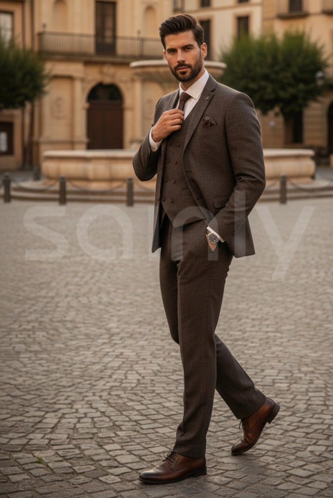 Men’s brown tweed 3 piece suit slim fit wedding wear