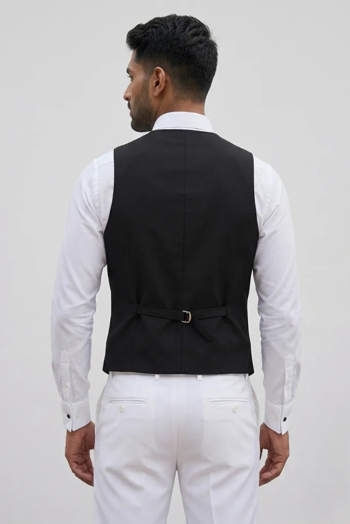 Back view of black double-breasted men_s waistcoat with adjustable buckle strap_ Davanchy India