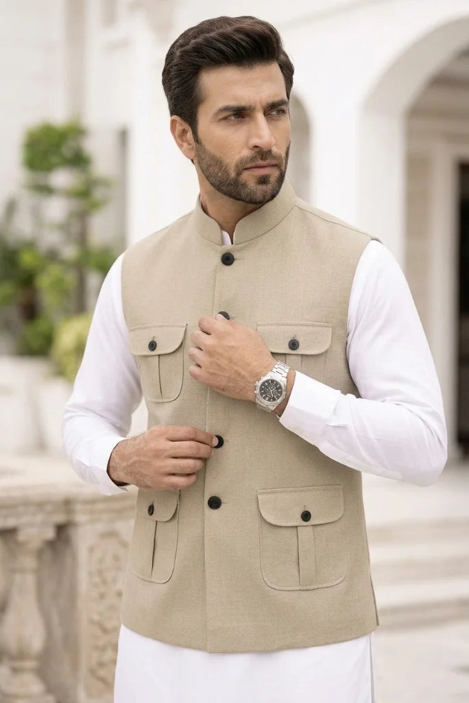 Beige_men_s_Nehru_jacket_band_collar_and_button_details
