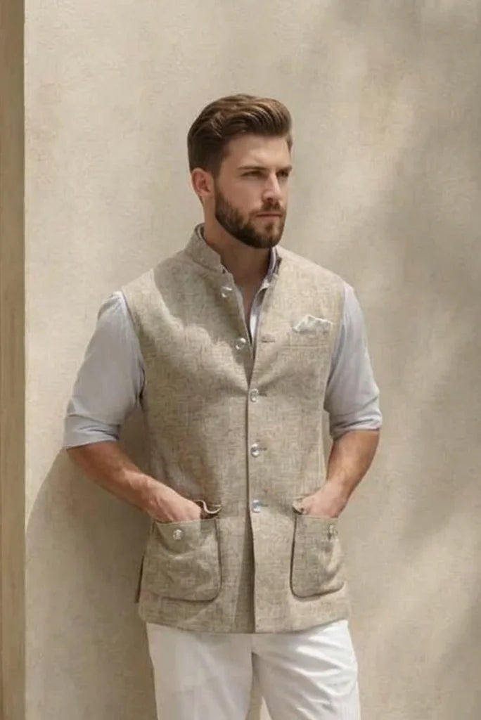 Beige linen waistcoat for men with stand collar and button front