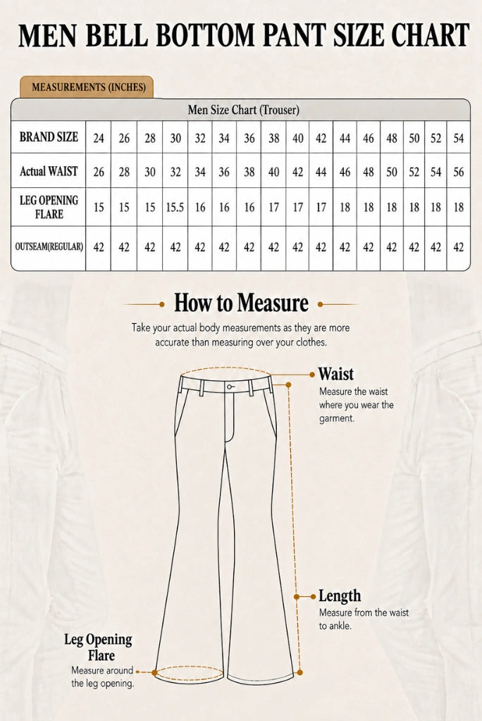 Men Bell Bottom Pant Size Chart