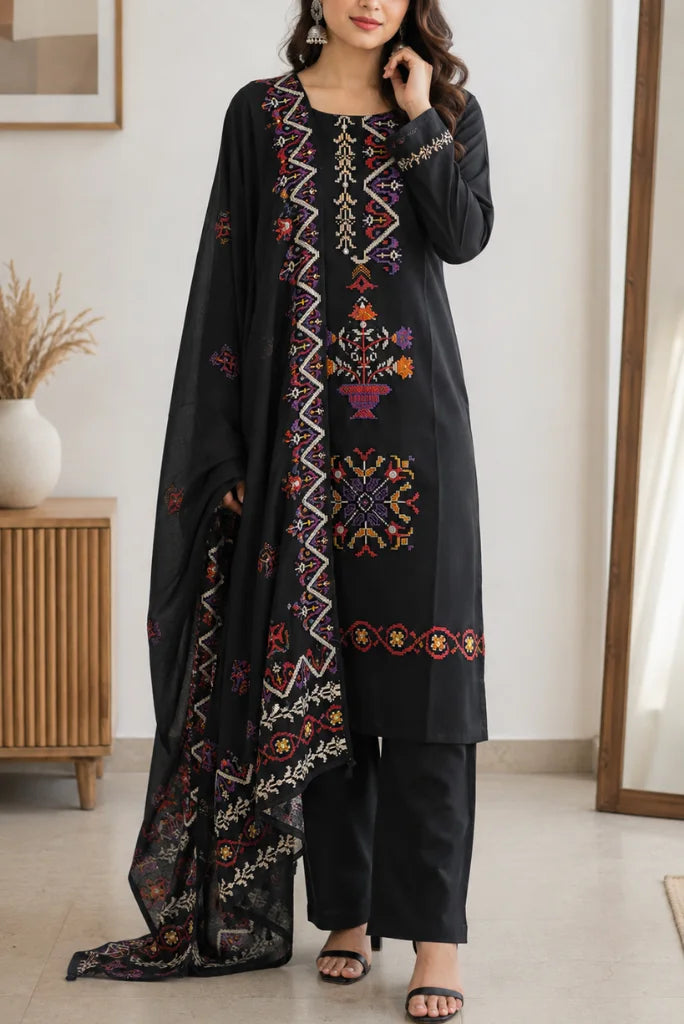 Black Folk Cross-Stitch Kurta Pant Set with Embroidered Dupatta front view