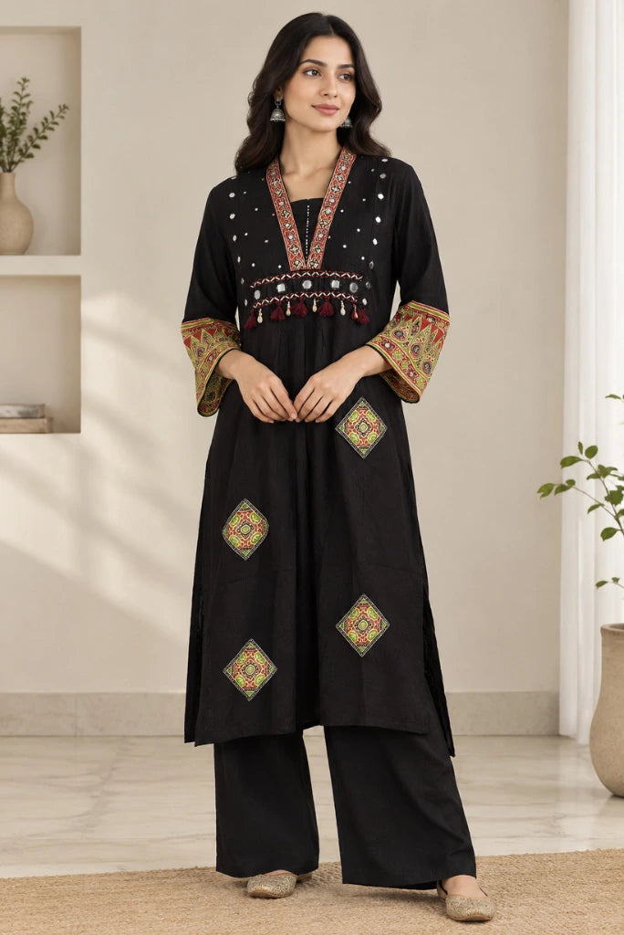 Black Mirror Work Kurta Palazzo Set with Ajrakh-Style Dupatta