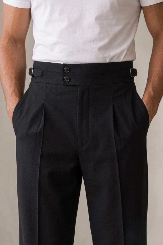 Black Trouser Twin-Button Waist Closure Close-Up