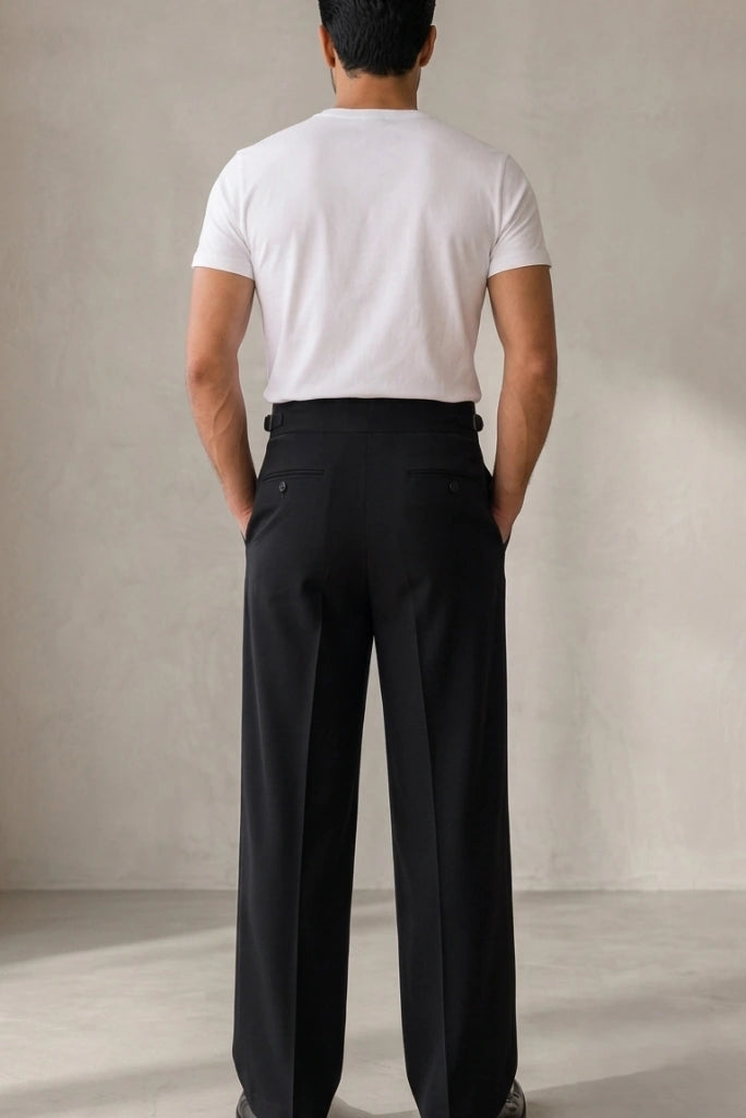 Black Wide-Leg Pleated Trouser Styled Back View