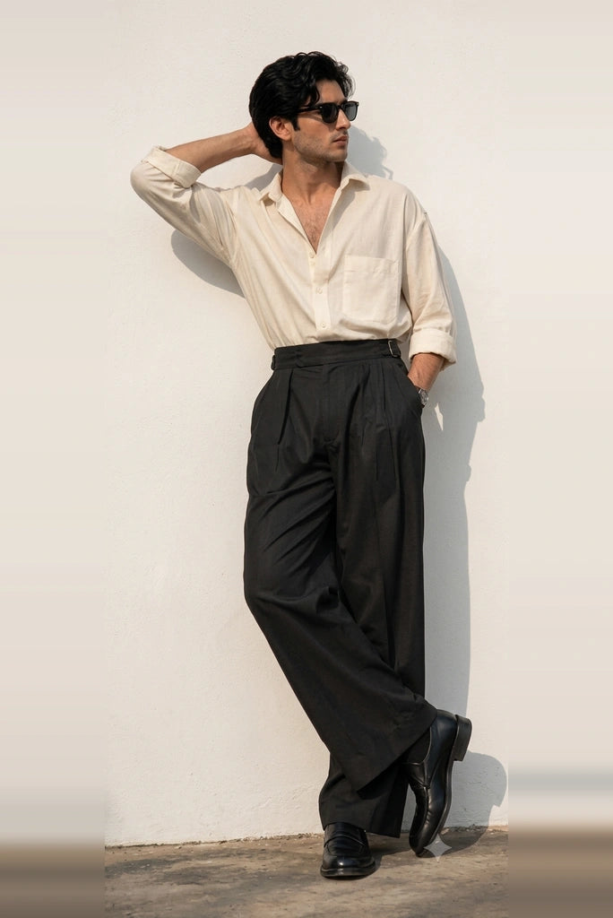 Black Double Pleat Trouser With Buckle Adjuster Side