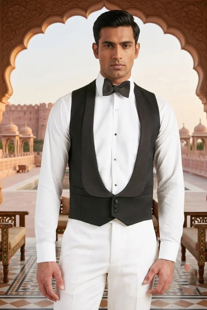 Black men_s tuxedo vest with shawl lapel and three-button front