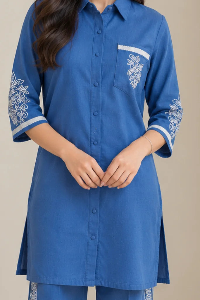 Blue cotton embroidered co-ord set for women-Davanchy India