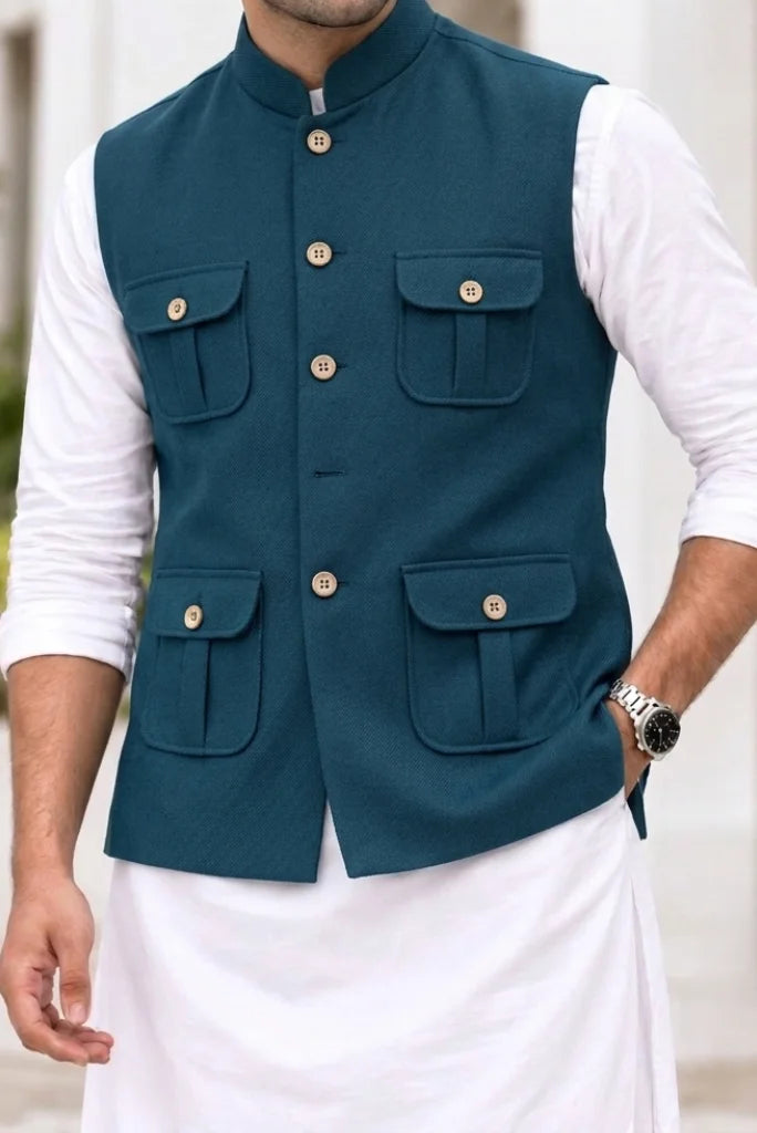 Classic mandarin (Nehru) collar with front button closure half coat for man