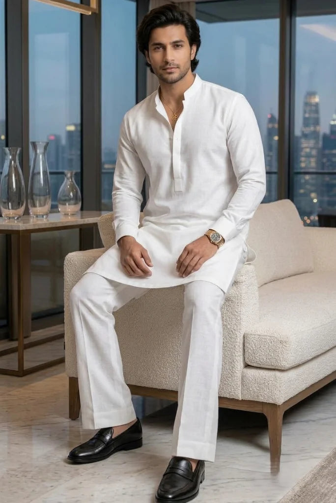 Close-up of band collar and buttoned placket on white men’s kurta