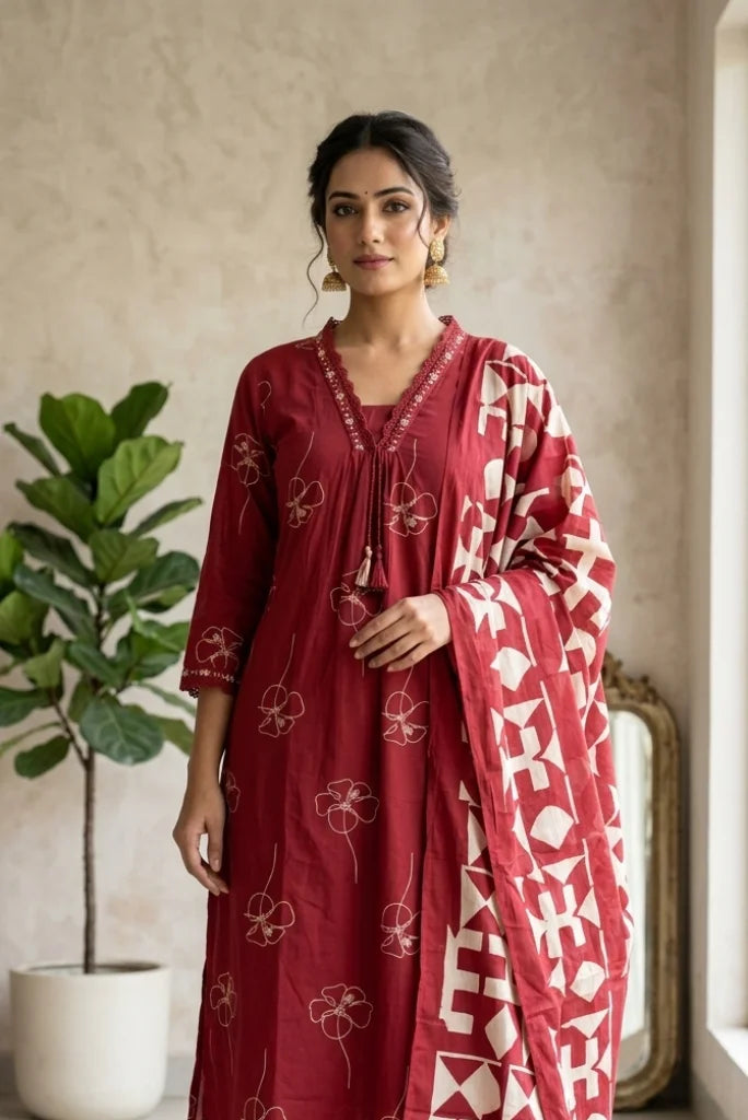 Close-up of lace-trimmed V-neck with tassel tie on maroon kurta