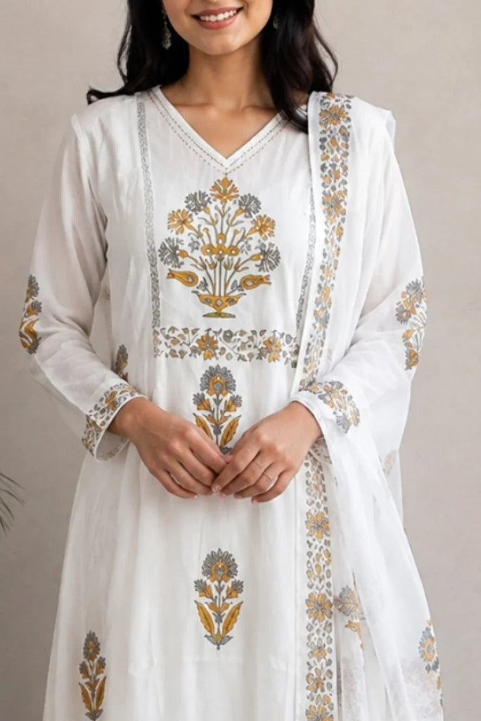 Close-up of mustard bouquet motif and V-neck stitch outline on white kurta