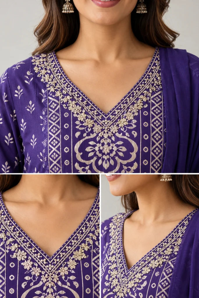 Close-up of purple kurta V-neck with golden Embroidery Wok