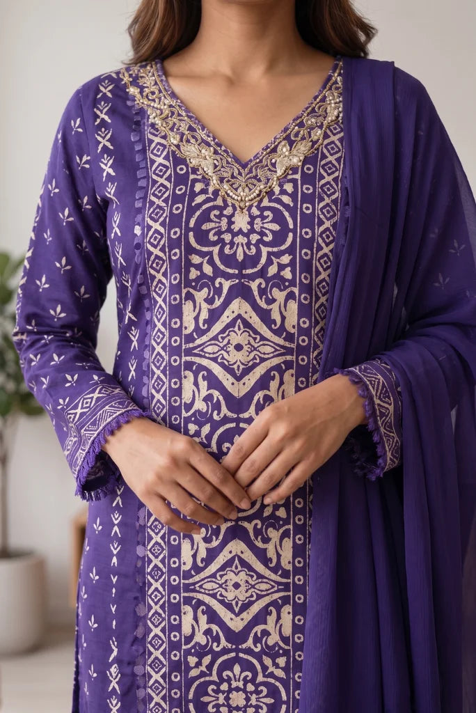 Close-up of purple kurta V-neck with golden embroidery and printed centre panel