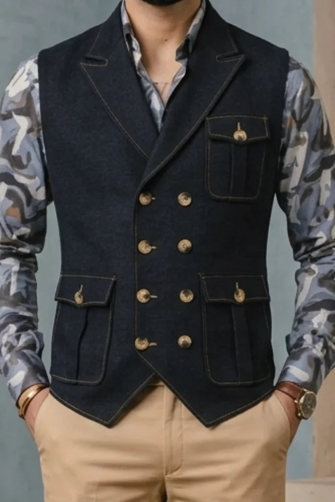 Close-up of tweed waistcoat peak lapel and flap pocket stitching detail