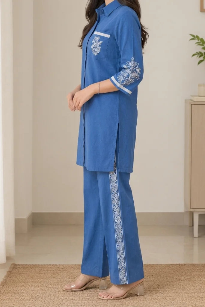 Cotton shirt-style kurta and palazzo set-Side view-Davanchy India