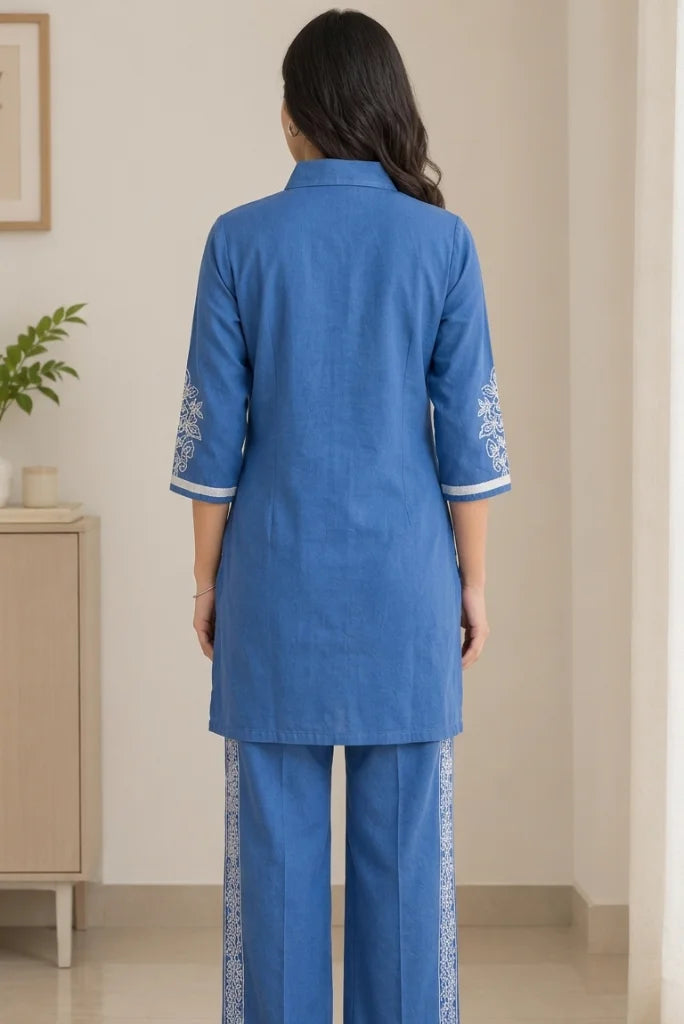 Cotton shirt-style kurta and palazzo set-back view-Davanchy India