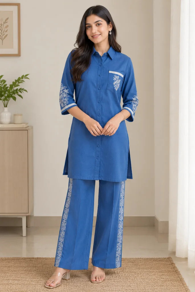 Cotton shirt-style kurta and palazzo set-front view-Davanchy India