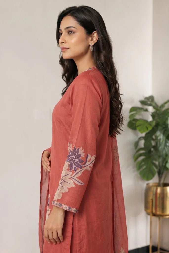 Cream and navy floral patch on the lower front of rust red kurta side view