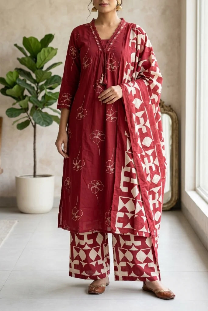 Cream floral line embroidery on maroon kurta front and sleeve