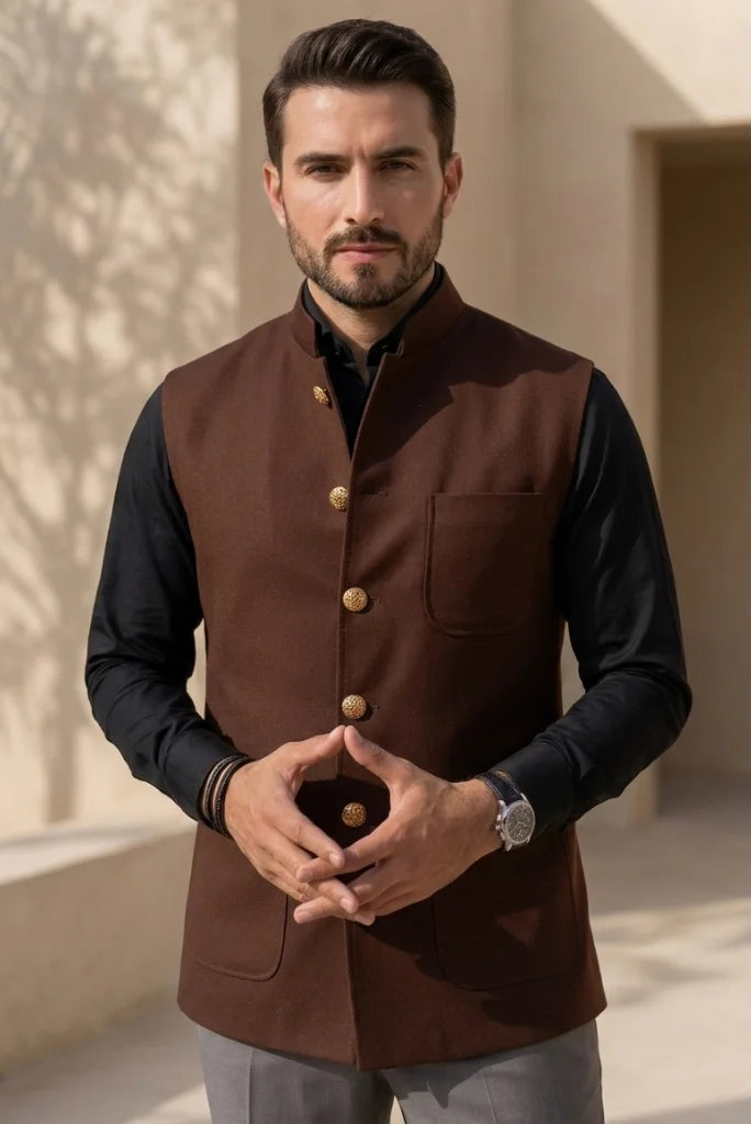 Men Dark Rust Nehru Jacket Indian Wedding and Festive Wear Front