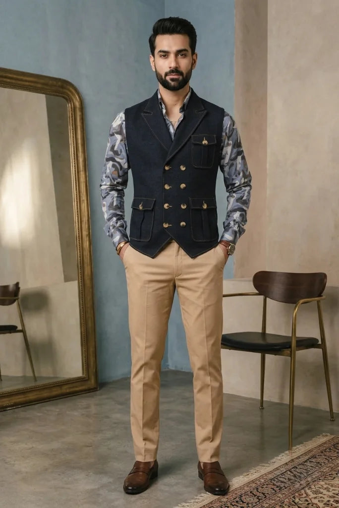 Davanchy India navy tweed waistcoat for men, full-length front view