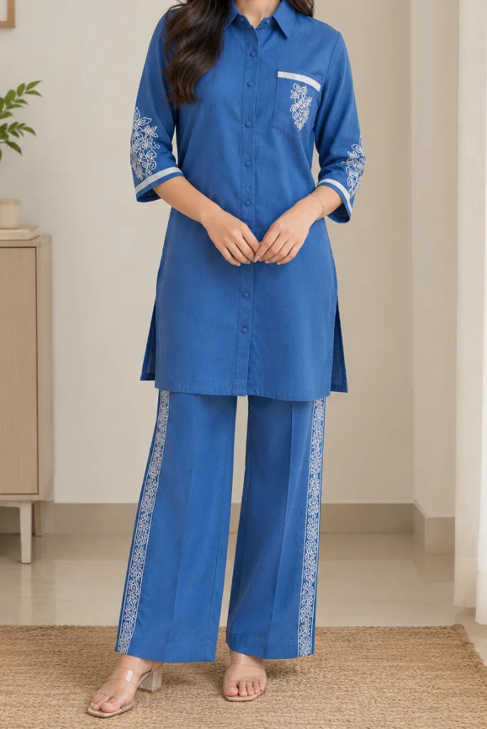 Embroidered cotton co-ord set styled with heels-Davanchy India