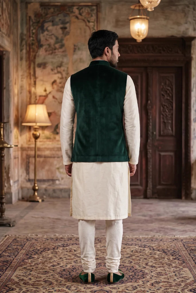 Emerald green velvet festive waistcoat back view