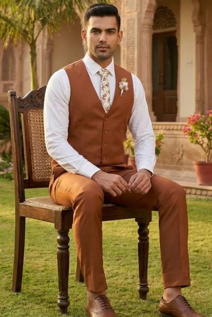 Five-button front and welt pocket on rust formal waistcoat for men