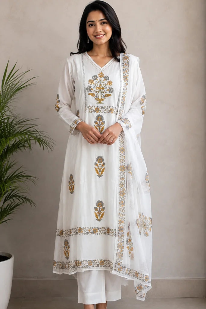 Floral border detail on white kurta hem and sleeve edge