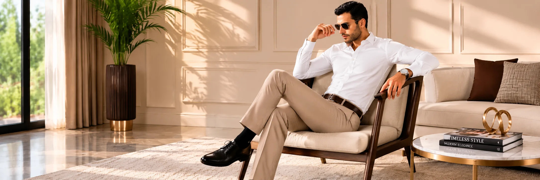 A man wearing a white dress shirt, beige trousers, and black dress shoes sits in a modern armchair in a bright, stylish living room.