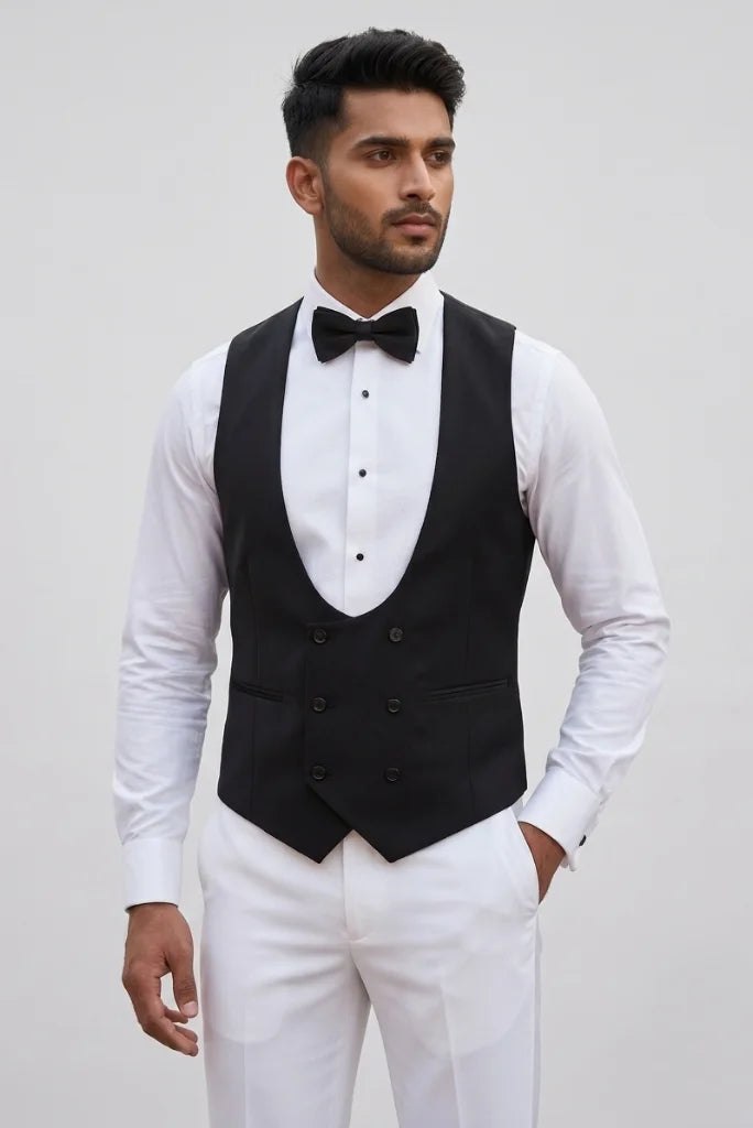 Man wearing black U-Neck waistcoat with bow tie for wedding look_ Davanchy India