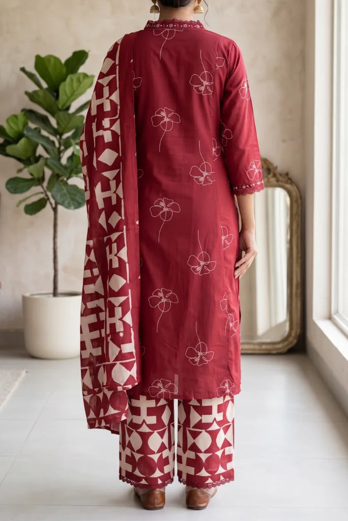 Maroon Floral Line Kurta Set with Geometric Print Dupatta Back View