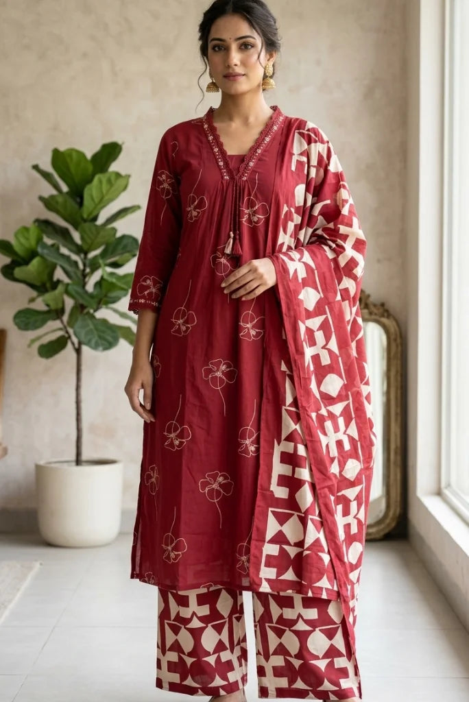 Maroon Floral Line Kurta Set with Geometric Print Dupatta Front view