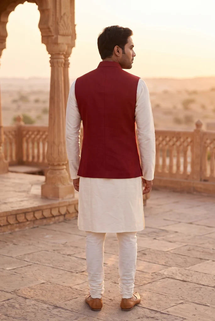 Maroon tweed Nehru waistcoat back view