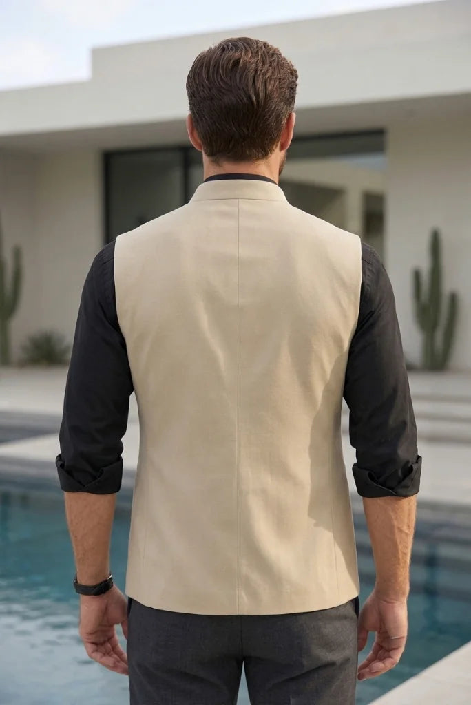 Men beige sleeveless waistcoat jacket - Back