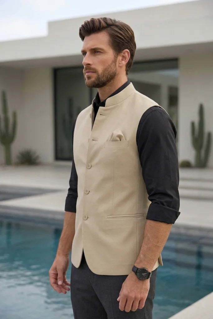 Premium beige Nehru jacket for men - Side