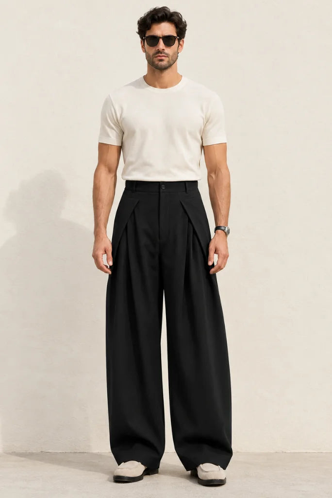 Men’s Black Box-Pleated Wide-Leg Trouser Full Front