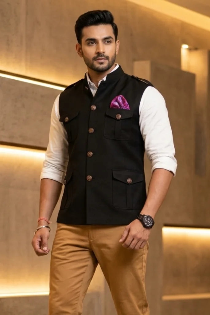Black Hunter Jacket for Men and a Buttoned Front – Side