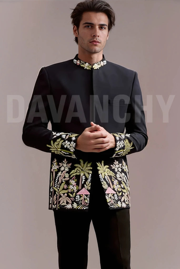 Men Black Bandhgala Blazer-Front