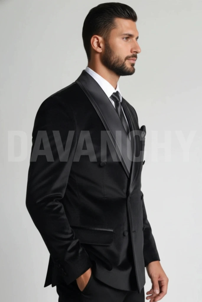 Men Black Velvet Tuxedo Blazer-Side