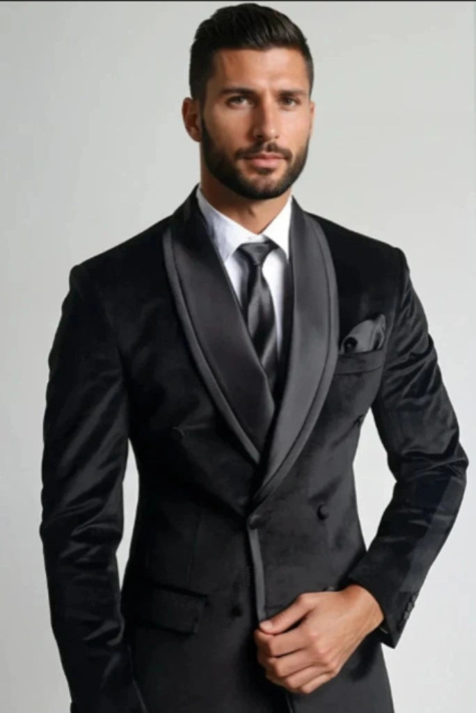 Men Black Double Breasted Tuxedo Blazer-Front