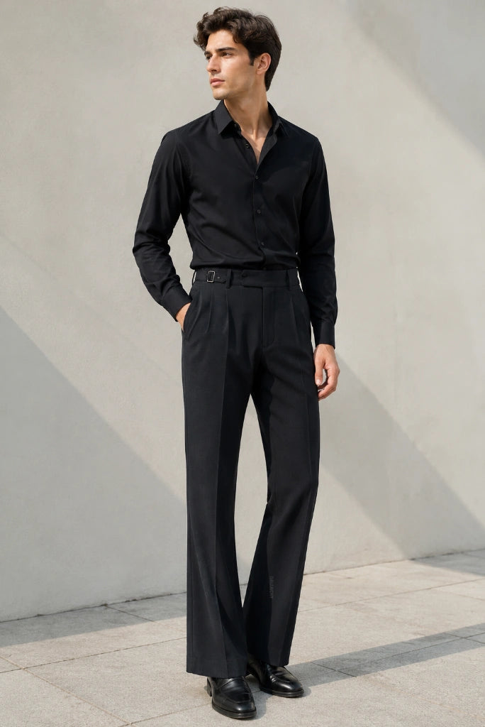 Black Front Pleated Pants for Men-Front