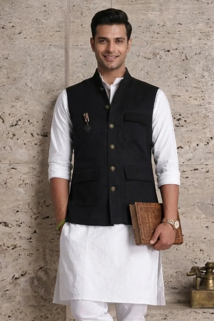 Black Ethnic Hunter Vest with Three Flap Pockets – Front Different