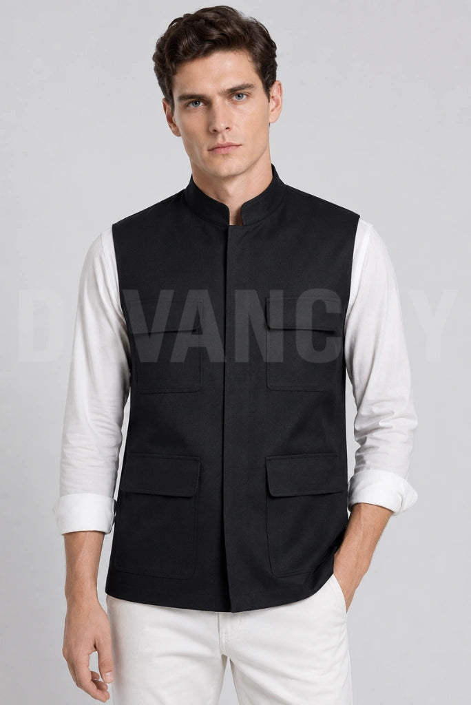 Black nehru jacket men-Front