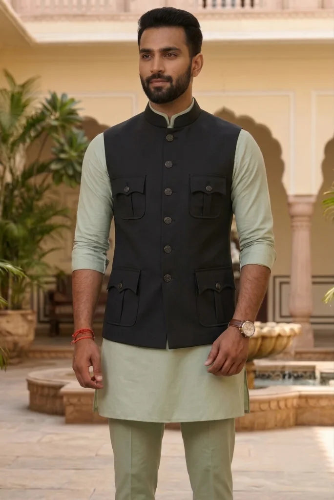 Black Wedding Wear Safari Coat for Men – Front