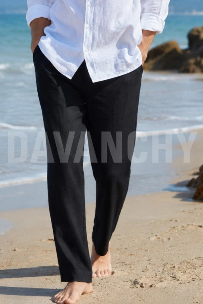 Men black linen trouser beach wear-Front